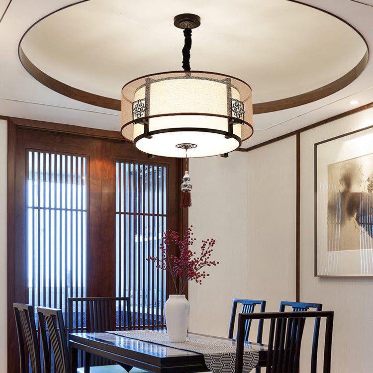 Traditional Chinese Round Bamboo Patterned Fabric Iron 3-Light Chandelier For Living Room