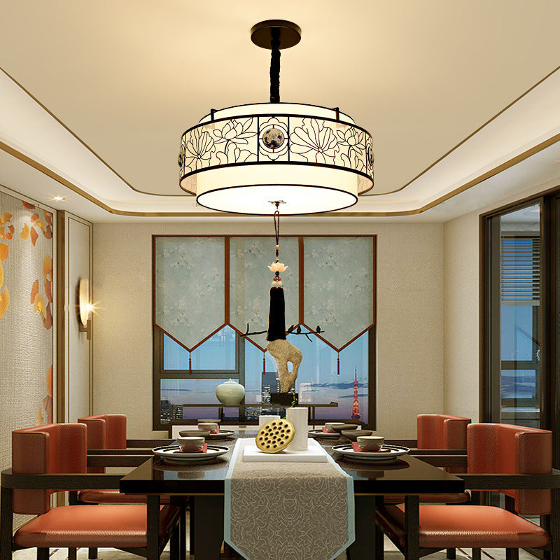 Traditional Chinese Round Bamboo Patterned Fabric Iron 3-Light Chandelier For Living Room