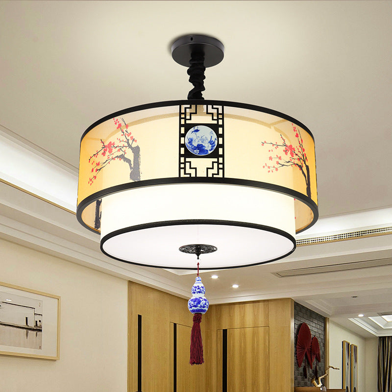 Traditional Chinese Round Bamboo Patterned Fabric Iron 3-Light Chandelier For Living Room