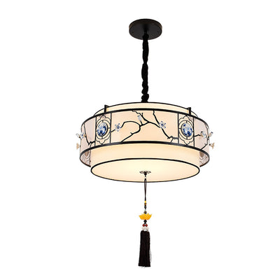 Traditional Chinese Round Bamboo Patterned Fabric Iron 3-Light Chandelier For Living Room