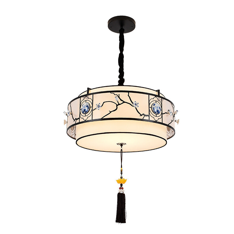 Traditional Chinese Round Bamboo Patterned Fabric Iron 3-Light Chandelier For Living Room