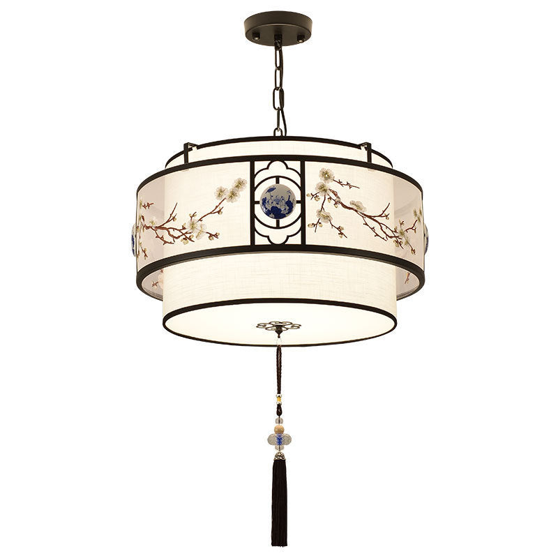 Traditional Chinese Round Bamboo Patterned Fabric Iron 3-Light Chandelier For Living Room