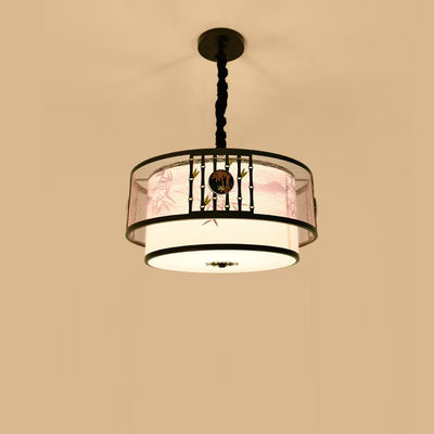 Traditional Chinese Round Bamboo Patterned Fabric Iron 3-Light Chandelier For Living Room