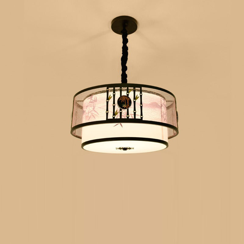 Traditional Chinese Round Bamboo Patterned Fabric Iron 3-Light Chandelier For Living Room