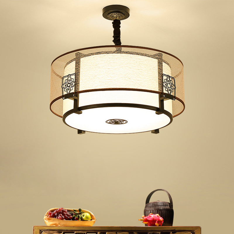 Traditional Chinese Round Bamboo Patterned Fabric Iron 3-Light Chandelier For Living Room