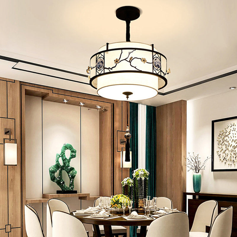 Traditional Chinese Round Bamboo Patterned Fabric Iron 3-Light Chandelier For Living Room