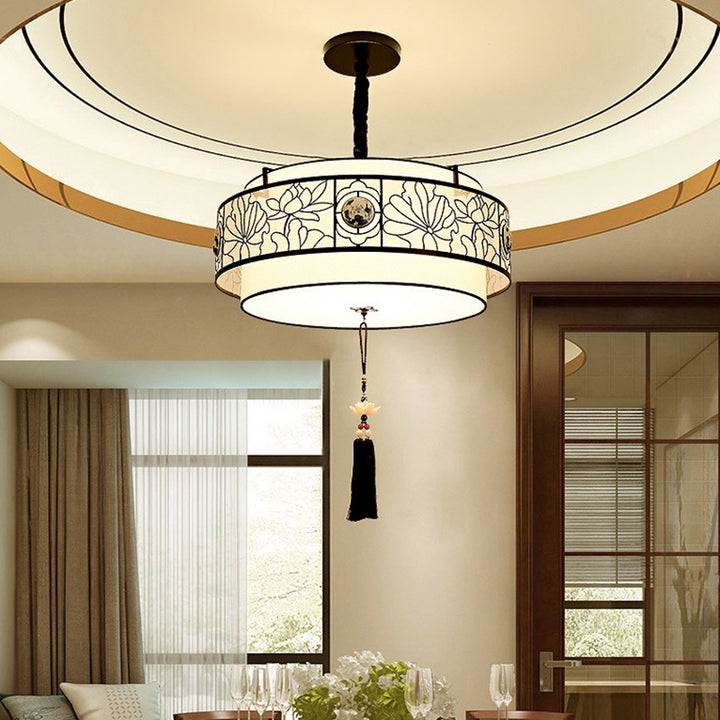 リビングルーム用伝統的な中国の丸い竹模様のファブリックアイアン3ライトシャンデリア 