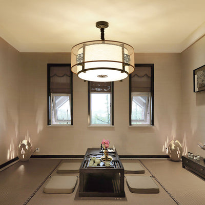 Traditional Chinese Round Bamboo Patterned Fabric Iron 3-Light Chandelier For Living Room