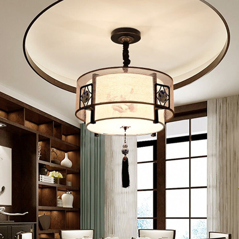 Traditional Chinese Round Bamboo Patterned Fabric Iron 3-Light Chandelier For Living Room