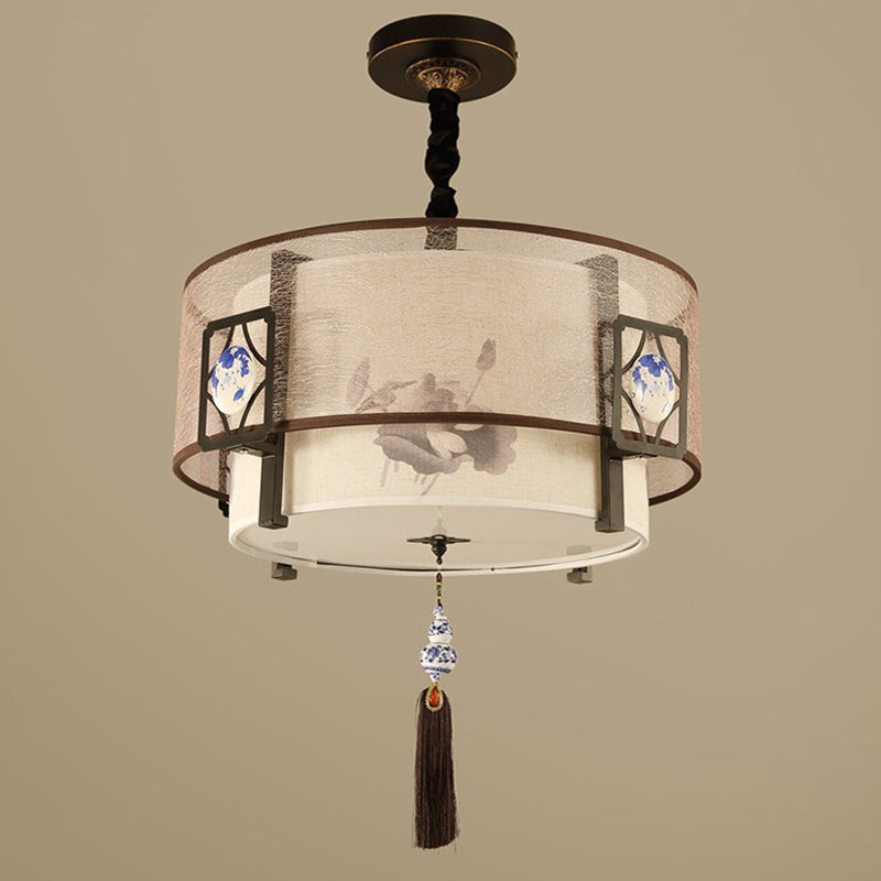 Traditional Chinese Round Bamboo Patterned Fabric Iron 3-Light Chandelier For Living Room