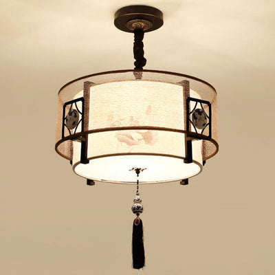 Traditional Chinese Round Bamboo Patterned Fabric Iron 3-Light Chandelier For Living Room