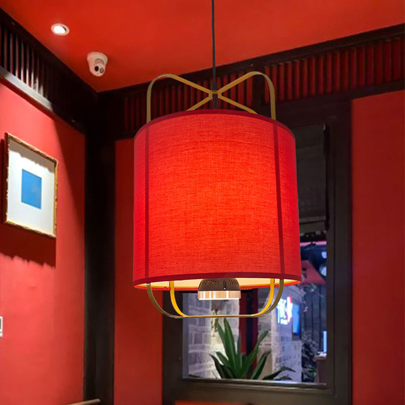 Traditional Chinese Lantern Shape Round Fabric Iron 2-Light Pendant Light For Living Room
