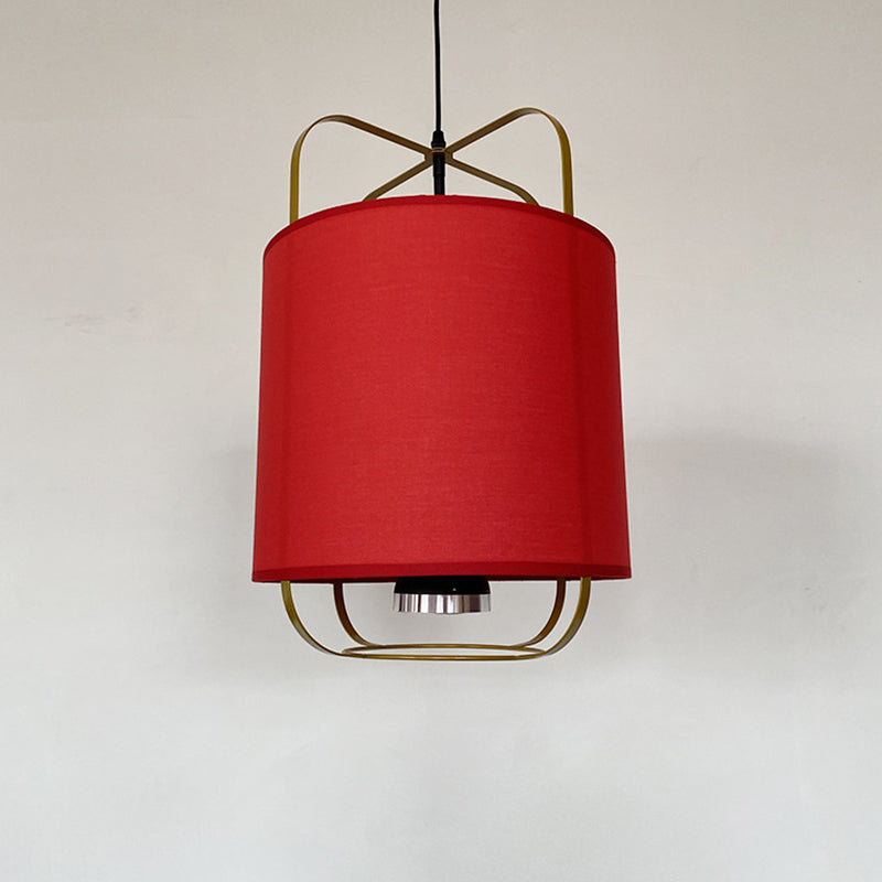 Traditional Chinese Lantern Shape Round Fabric Iron 2-Light Pendant Light For Living Room