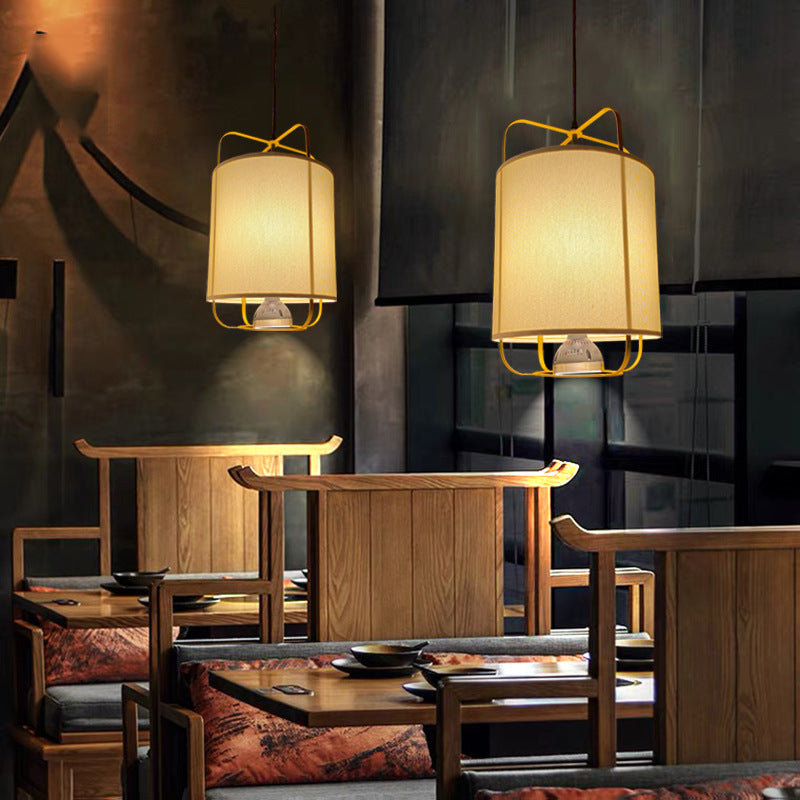 Traditional Chinese Lantern Shape Round Fabric Iron 2-Light Pendant Light For Living Room
