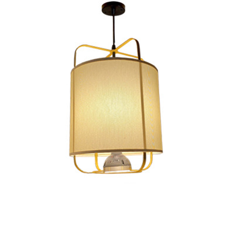 Traditional Chinese Lantern Shape Round Fabric Iron 2-Light Pendant Light For Living Room