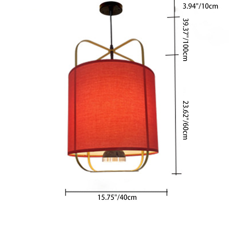 Traditional Chinese Lantern Shape Round Fabric Iron 2-Light Pendant Light For Living Room