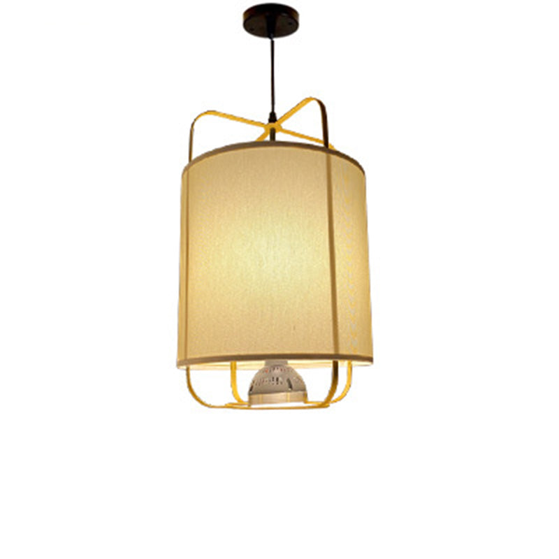Traditional Chinese Lantern Shape Round Fabric Iron 2-Light Pendant Light For Living Room