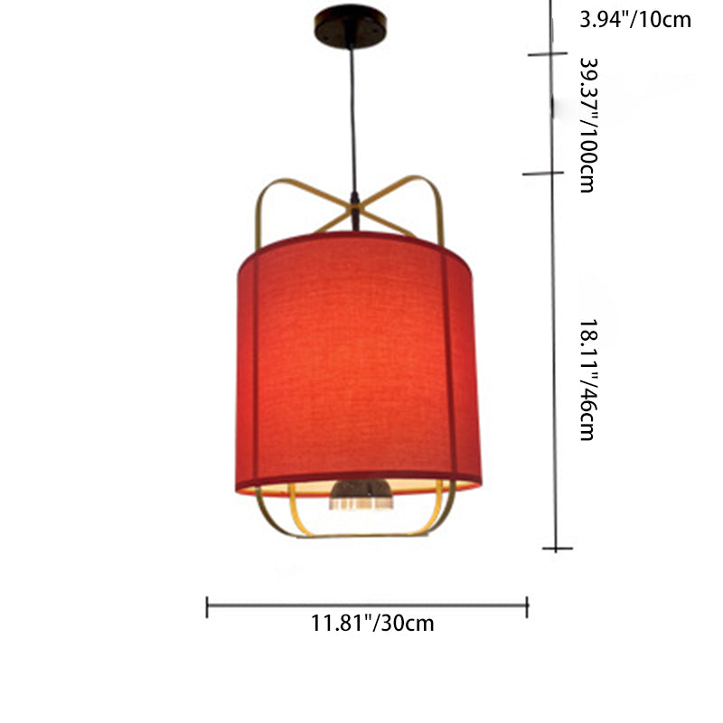 Traditional Chinese Lantern Shape Round Fabric Iron 2-Light Pendant Light For Living Room