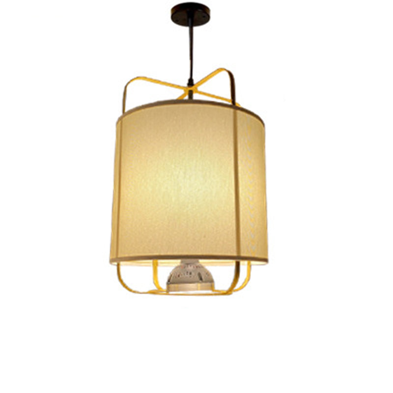 Traditional Chinese Lantern Shape Round Fabric Iron 2-Light Pendant Light For Living Room