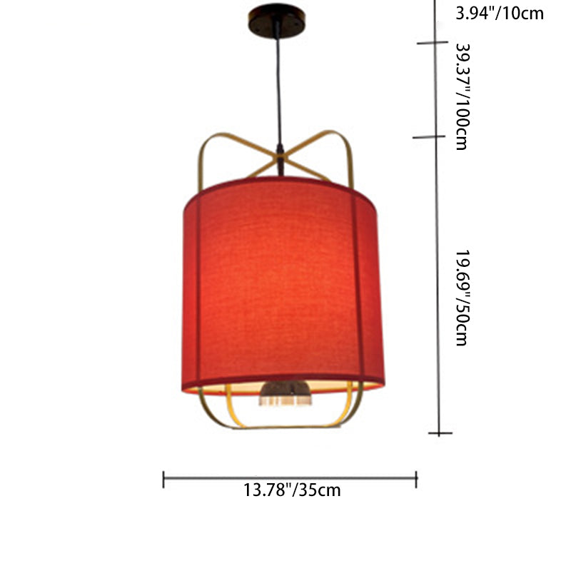 Traditional Chinese Lantern Shape Round Fabric Iron 2-Light Pendant Light For Living Room
