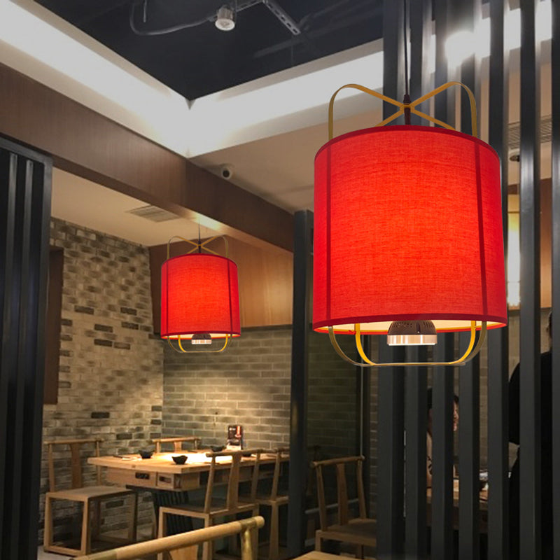 Traditional Chinese Lantern Shape Round Fabric Iron 2-Light Pendant Light For Living Room
