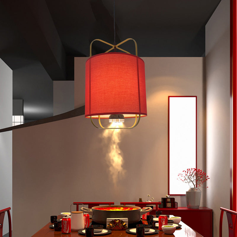 Traditional Chinese Lantern Shape Round Fabric Iron 2-Light Pendant Light For Living Room