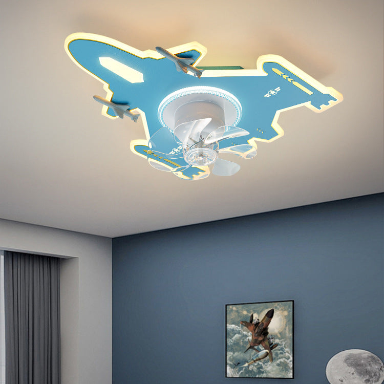 Modern Art Deco Kids Airplane Shapes Acrylic Hardware Resin LED Flush Mount Ceiling Fan Light For Bedroom