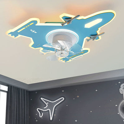 Modern Art Deco Kids Airplane Shapes Acrylic Hardware Resin LED Flush Mount Ceiling Fan Light For Bedroom