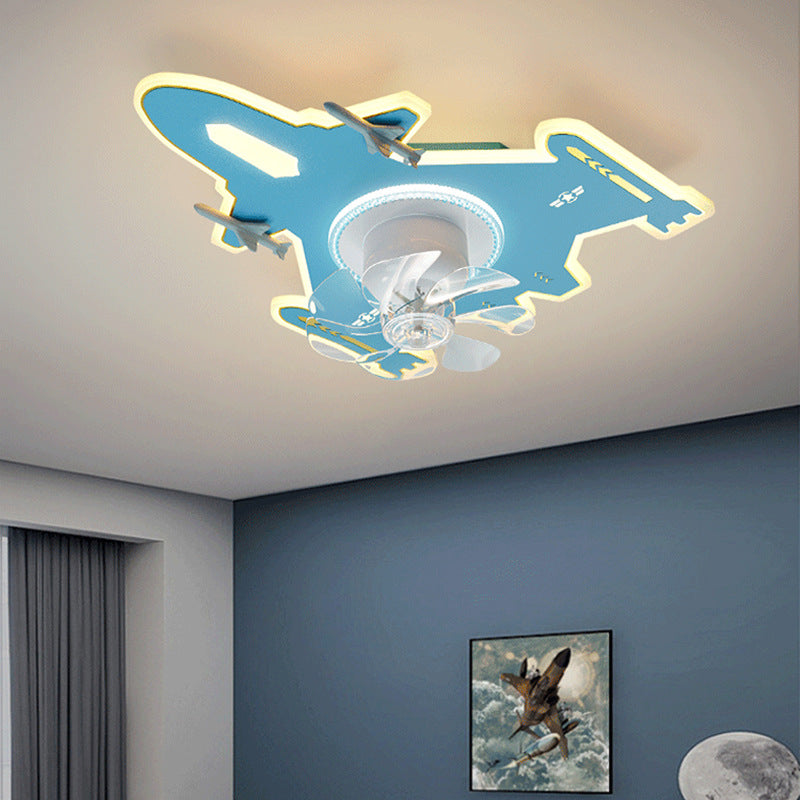 Modern Art Deco Kids Airplane Shapes Acrylic Hardware Resin LED Flush Mount Ceiling Fan Light For Bedroom