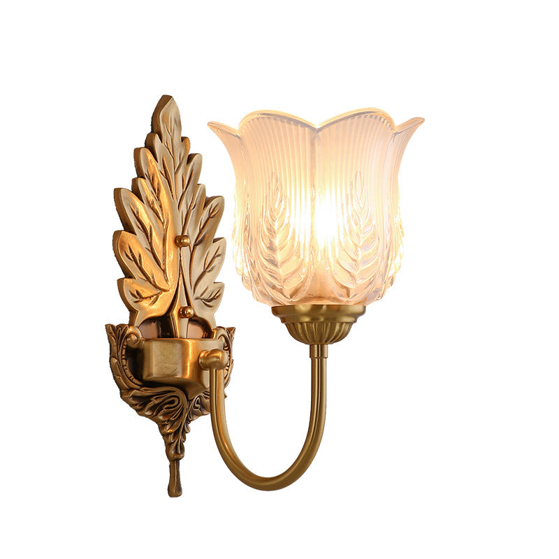 Traditional Vintage Round Leaf Floral Glass Copper 1/2 Light Wall Sconce Lamp For Living Room