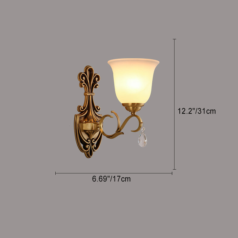 Traditional Vintage Round Leaf Floral Glass Copper 1/2 Light Wall Sconce Lamp For Living Room