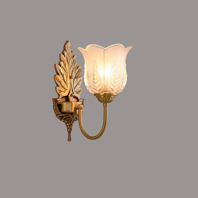 Traditional Vintage Round Leaf Floral Glass Copper 1/2 Light Wall Sconce Lamp For Living Room