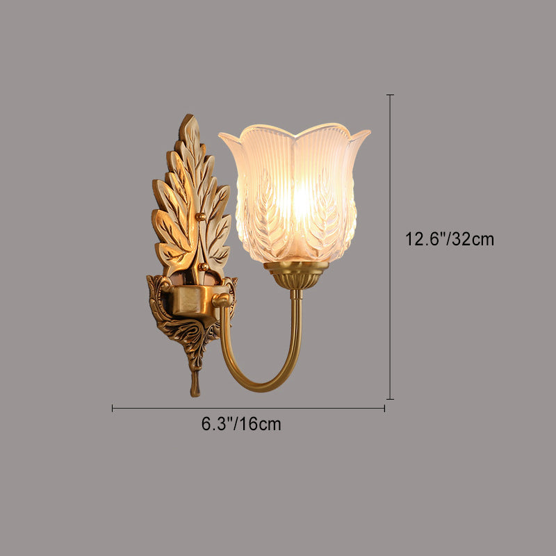 Traditional Vintage Round Leaf Floral Glass Copper 1/2 Light Wall Sconce Lamp For Living Room