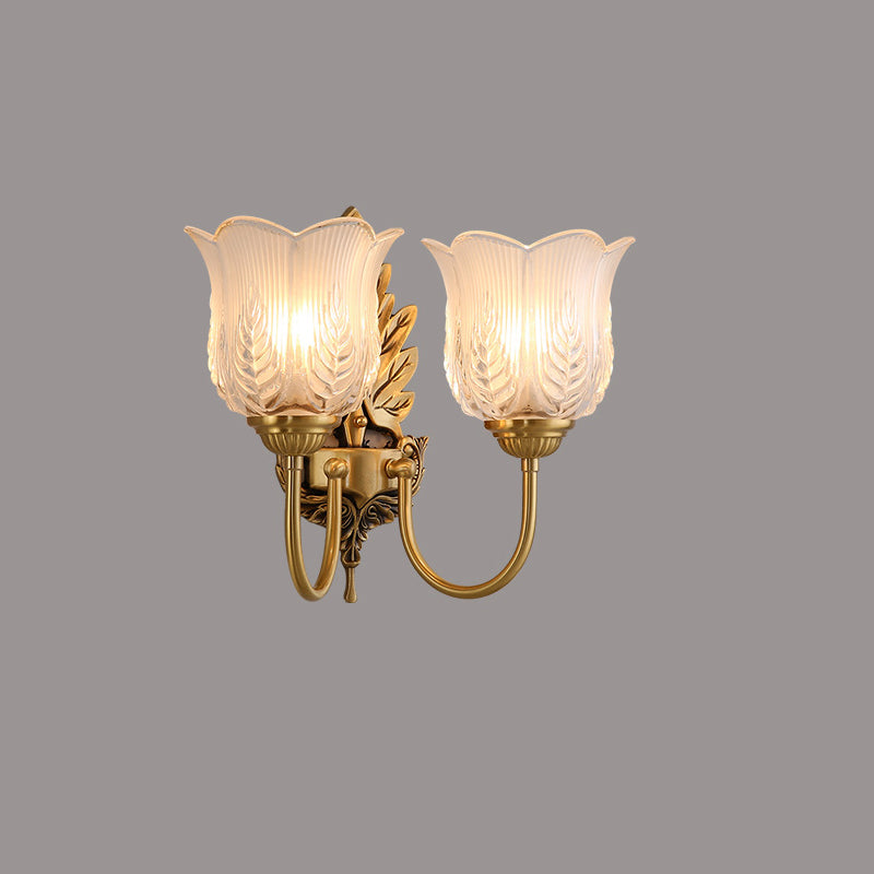 Traditional Vintage Round Leaf Floral Glass Copper 1/2 Light Wall Sconce Lamp For Living Room