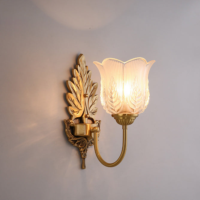 Traditional Vintage Round Leaf Floral Glass Copper 1/2 Light Wall Sconce Lamp For Living Room