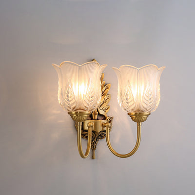Traditional Vintage Round Leaf Floral Glass Copper 1/2 Light Wall Sconce Lamp For Living Room