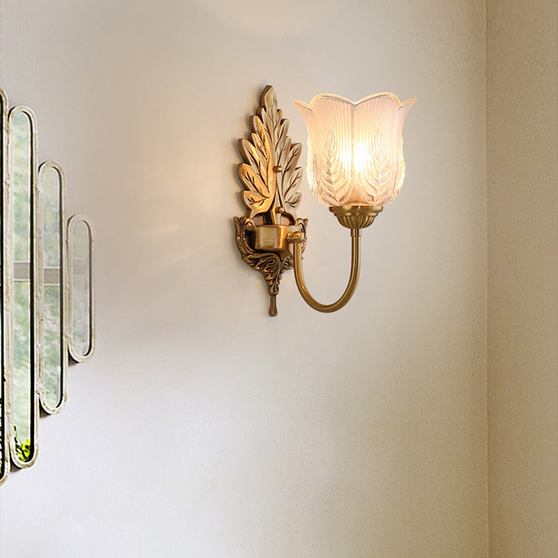 Traditional Vintage Round Leaf Floral Glass Copper 1/2 Light Wall Sconce Lamp For Living Room