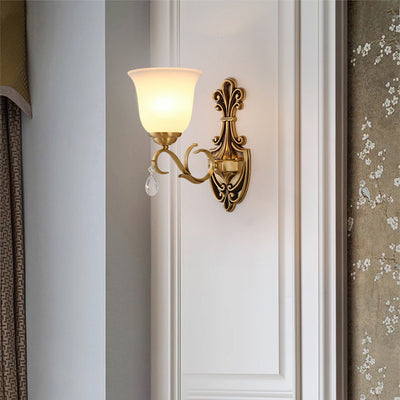 Traditional Vintage Round Leaf Floral Glass Copper 1/2 Light Wall Sconce Lamp For Living Room