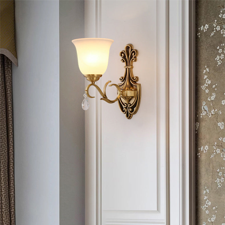 Traditional Vintage Round Leaf Floral Glass Copper 1/2 Light Wall Sconce Lamp For Living Room