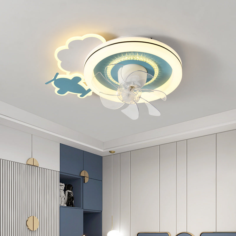 Ventilateur de Plafond LED Moderne Minimaliste Nuages Avions Couronnes Rond ABS Fer Cuivre Pour Chambre 
