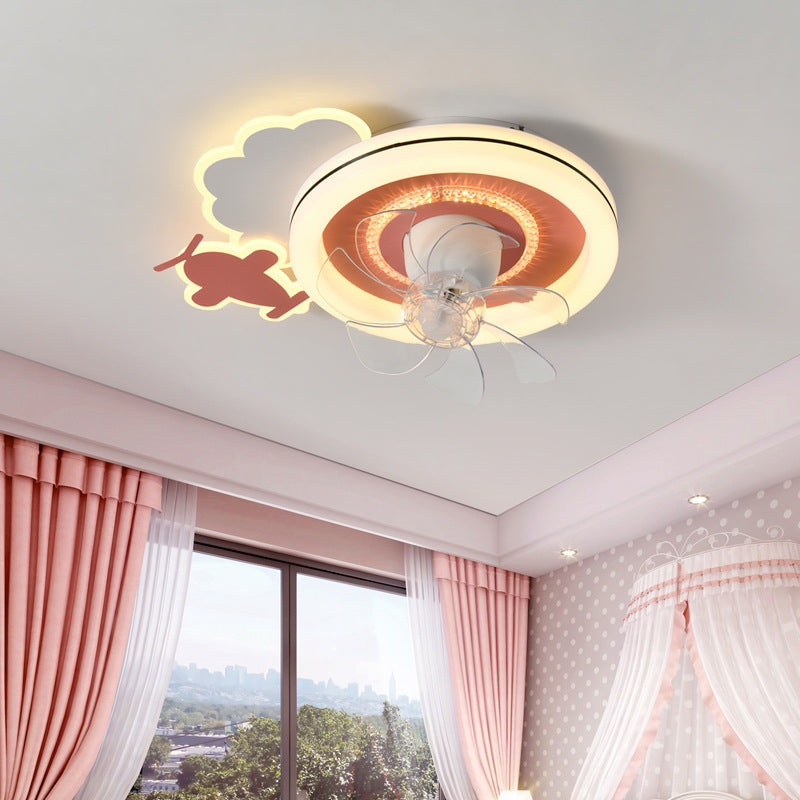 Ventilateur de Plafond LED Moderne Minimaliste Nuages Avions Couronnes Rond ABS Fer Cuivre Pour Chambre 