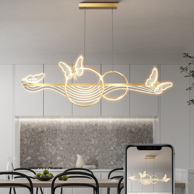 Modern Art Deco Butterfly Wave Round Long Acrylic Aluminum LED Chandelier Island Light For Living Room