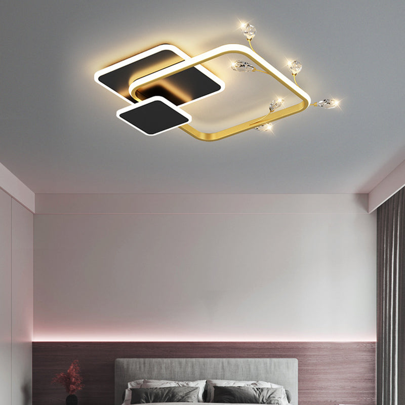 Modern Luxury Square Round Stacked Acrylic Crystal Iron LED Flush Mount Ceiling Light For Bedroom