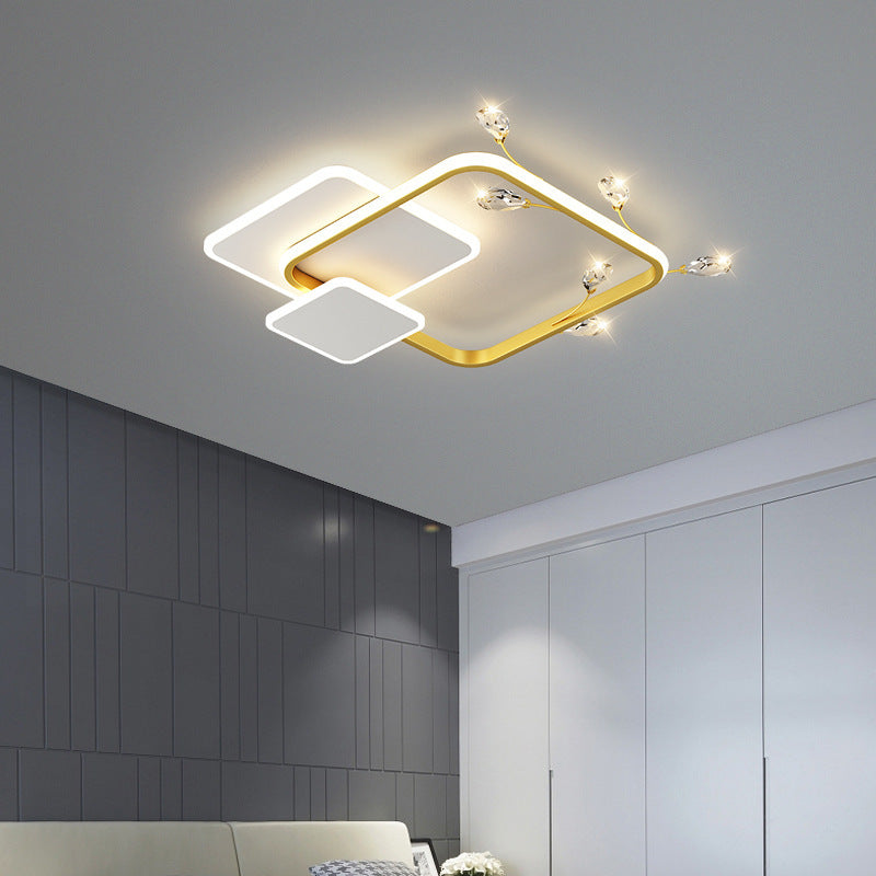 Modern Luxury Square Round Stacked Acrylic Crystal Iron LED Flush Mount Ceiling Light For Bedroom