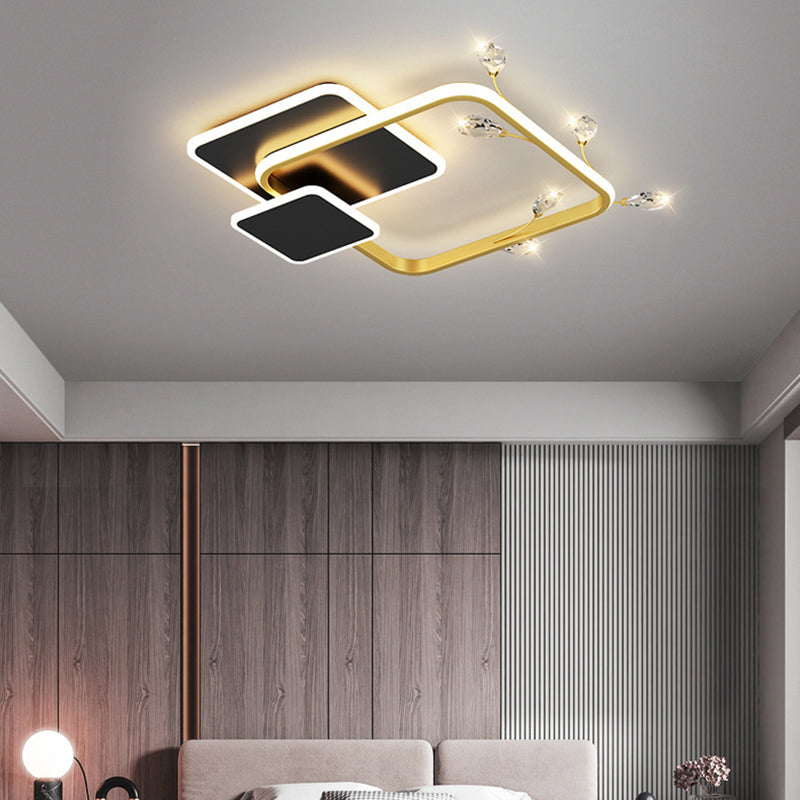 Modern Luxury Square Round Stacked Acrylic Crystal Iron LED Flush Mount Ceiling Light For Bedroom
