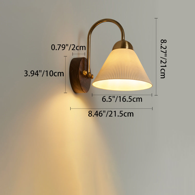 Traditional Vintage Conical Round Distressed Ceramic Rubberwood Iron 1-Light Wall Sconce Lamp For Living Room
