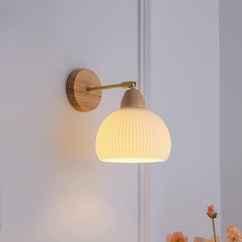 Traditional Japanese Half Round Cream Glass Wood Brass 1-Light Wall Sconce Lamp For Bedroom