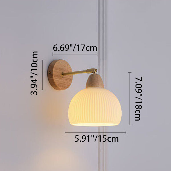 Traditional Japanese Half Round Cream Glass Wood Brass 1-Light Wall Sconce Lamp For Bedroom