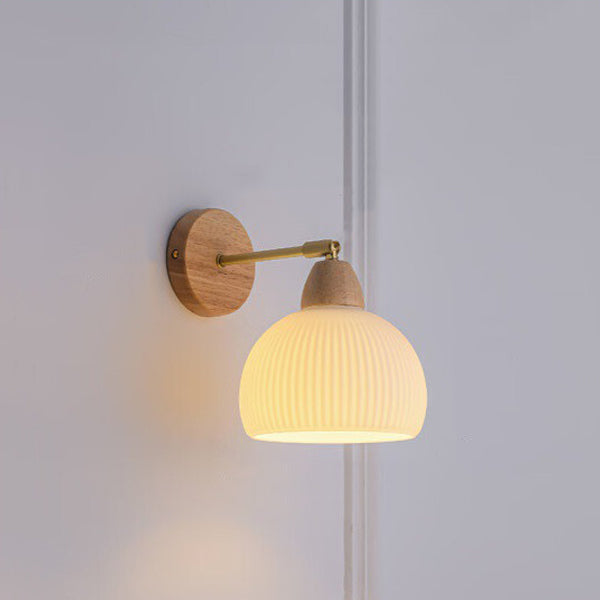 Traditional Japanese Half Round Cream Glass Wood Brass 1-Light Wall Sconce Lamp For Bedroom