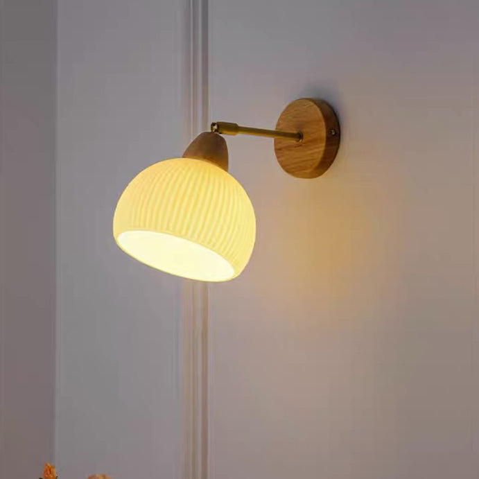 Traditional Japanese Half Round Cream Glass Wood Brass 1-Light Wall Sconce Lamp For Bedroom